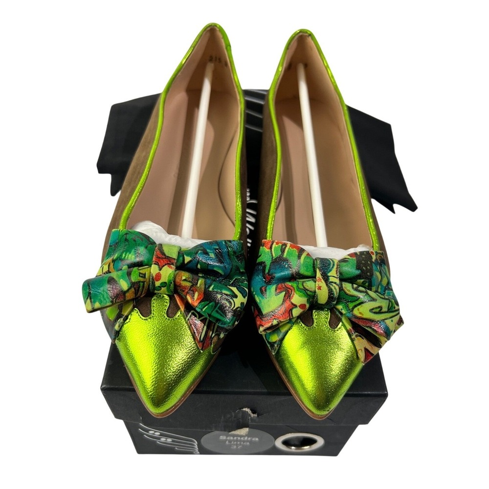 NWT Dreamwalker "Sandra Lima" Handmade Shoes Green Bow Art Flats Size 37